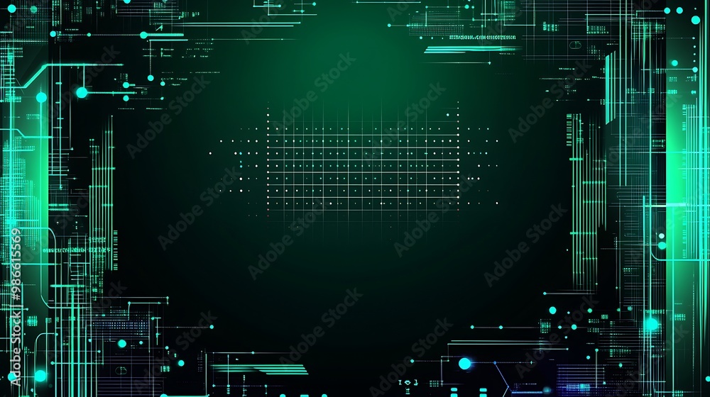 Poster abstract green and blue digital technology background with lines, dots and glowing elements.