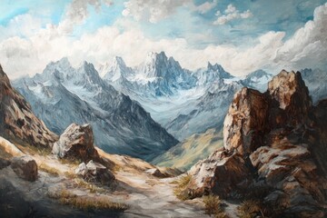 Fototapeta premium A Mountainous Landscape with Rocks and a Cloudy Sky
