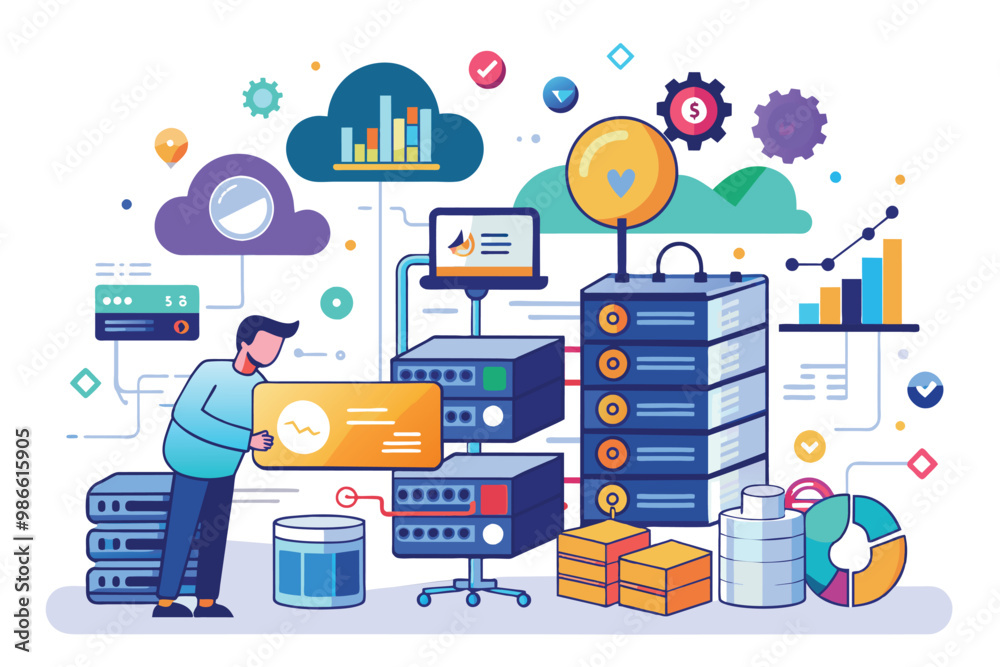 Poster a person analyzes big data storage capacity using a flowchart in a digital workspace filled with gra