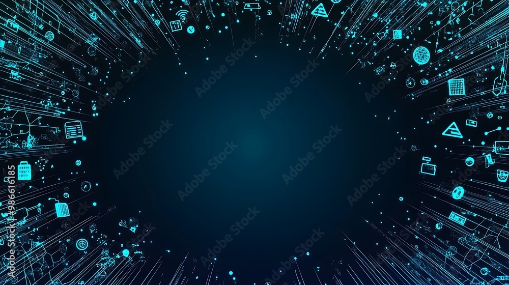 Poster abstract blue background with scattered digital icons and glowing lines radiating from the center.