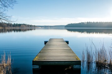 Naklejka premium Wooden dock extending out over calm lake with clear blue water and forest on the horizon.