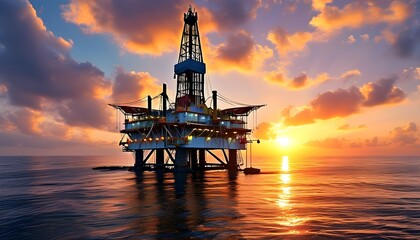 Dramatic Sunset Over Oil Rig Silhouette