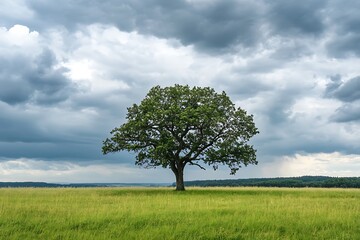 Obraz premium Lonely Tree Standing in a Field Under a Cloudy Sky