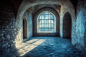Fototapeta premium Old stone room with arched window and cobblestone floor