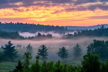 Sunrise over Misty Valley with Pine Trees and Forest in the Background