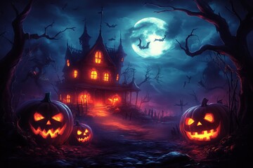 Halloween pumpkin head jack lantern with burning candles, Spooky Forest with a full moon and wooden table, Pumpkins In Graveyard In The Spooky Night - Halloween Backdrop.