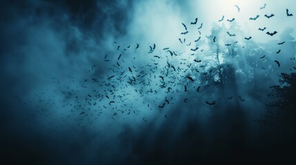 Large group of bats flying in the sky, on a dark background.halloween background with copy space.