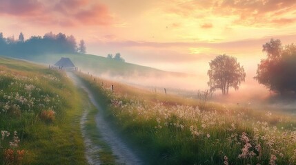 Misty morning meadow in Poland's countryside