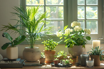 Potted indoor plants on a wooden table against the background of a window.