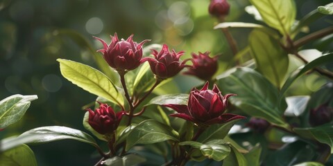 Obraz premium Charming shrub featuring vibrant burgundy flowers and lush green leaves on strong branches.