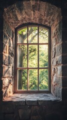 Sunlight through an arched window in a stone wall, looking out to a forest.