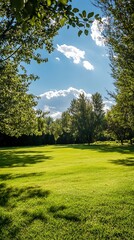Fototapeta premium Green Grass Field with Lush Trees and a Sunny Blue Sky