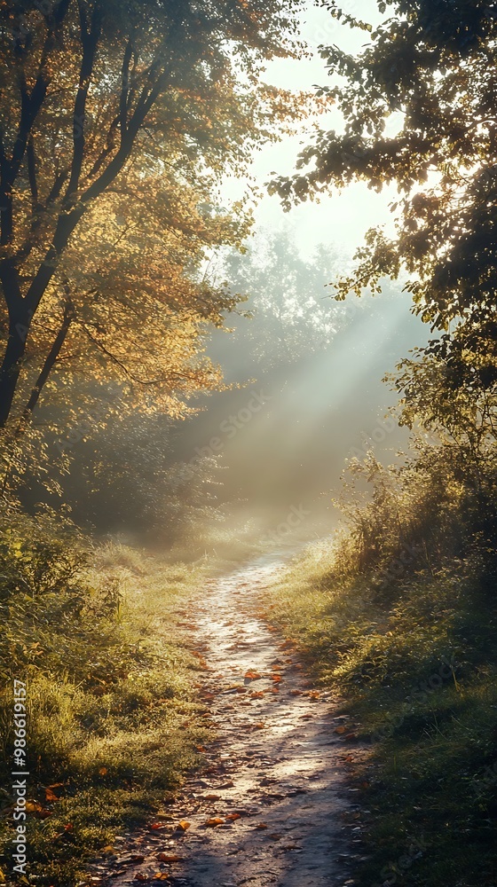 Canvas Prints Sunbeams illuminate a mysterious path in a forest