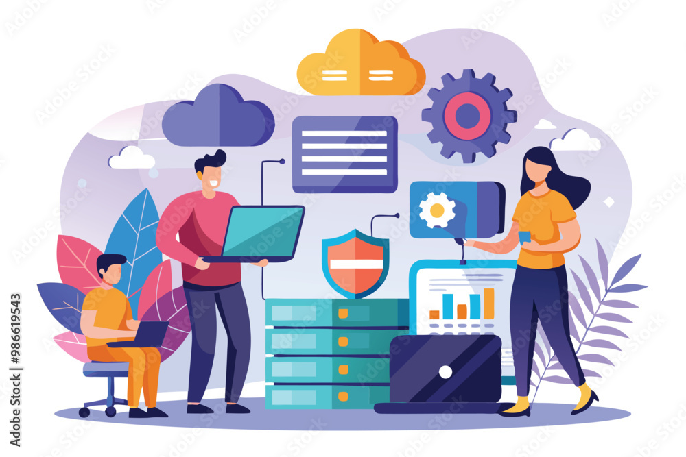 Poster a group of consultants collaborates on data backup strategies using laptops and visual charts in an 