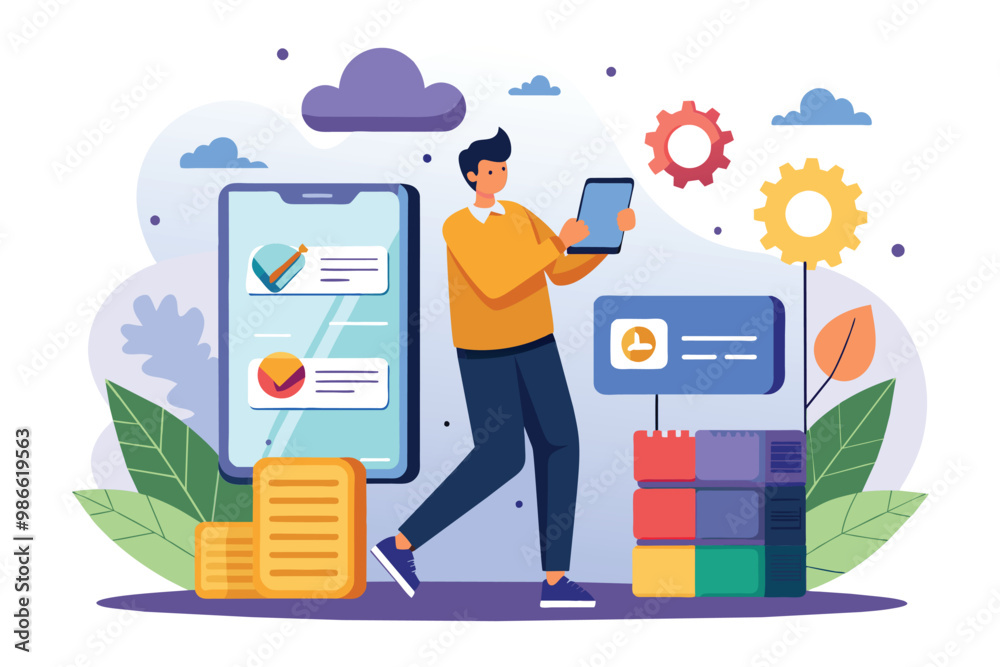 Poster a person engages with a tablet while securing backup data from a mobile device in a bright, digital 