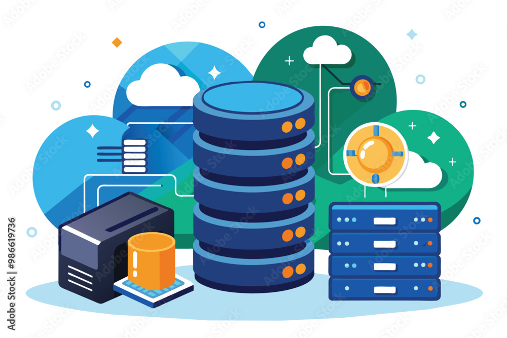 Poster a visual representation of a backup server database with cloud elements and organized data storage u