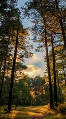 Fototapeta premium Forest path leading into the sunlit sky with a cloudy sky, trees framing the view. Concept of peace, nature, and tranquility.