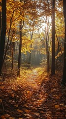 Obraz premium Autumn Forest Path with Sunlight Streaming Through Trees
