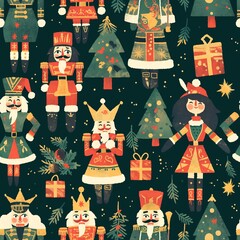 Fototapeta premium A seamless pattern with a Christmas theme. Nutcrackers, on a dark green background. Gift boxes, Christmas trees and snowflakes are also visible, creating a festive Christmas atmosphere. 