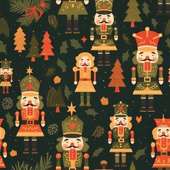Fototapeta premium A seamless pattern with a Christmas theme. Nutcrackers, on a dark green background. Gift boxes, Christmas trees and snowflakes are also visible, creating a festive Christmas atmosphere. 