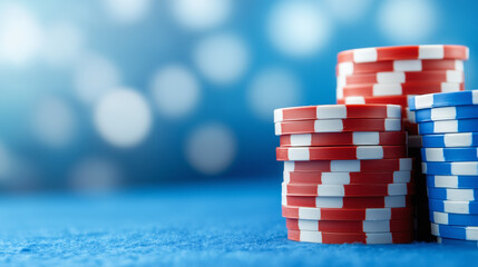 Colorful poker chips stacked on a blue surface with soft bokeh lights in the background