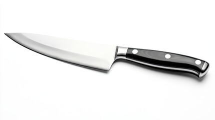 A sharp, large kitchen knife isolated on a clean white background, showcasing its polished blade and ergonomic handle.