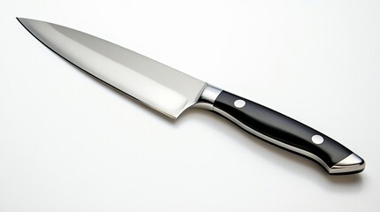 Obraz premium A sharp, large kitchen knife isolated on a clean white background, showcasing its polished blade and ergonomic handle.