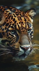 Obraz premium Close up of jaguar's face, looking at camera in water, beautiful animal, wildlife photo