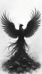 Fototapeta premium A powerful black phoenix rising from ashes, symbolizing rebirth and resilience. Perfect for inspiring projects in art, mythology, and personal growth.