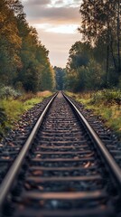 Obraz premium Straight Railway Tracks in a Forest at Sunset