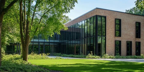 Fototapeta premium A large brick building with a tree in front of it. The building has a lot of windows and a glass facade