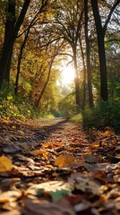 Autumn Path Through Forest With Golden Sunlight