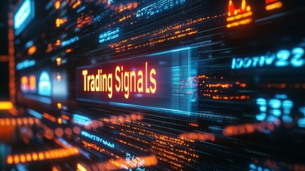 Futuristic Digital Sign Displaying 3D Text "Trading Signals" with Dynamic Charts and Graphs