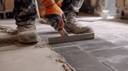 A tiler using a level tool to ensure that newly placed floor tiles are perfectly even, with a partially completed floor visible.