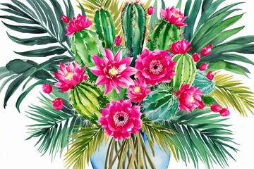 Vibrant Watercolor Cactus Flower and Palm Leaf Bouquet in Fuchsia and Green for Tropical Home Decor
