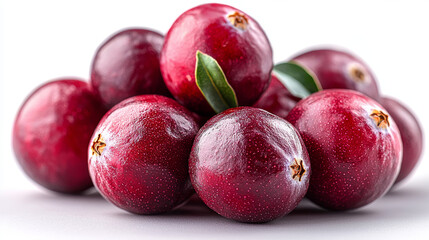 Obraz premium Close-up of fresh cranberries, a cluster of red berries with green leaves.