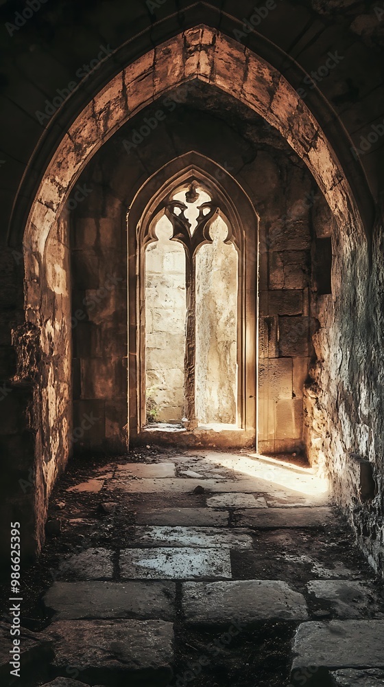 Canvas Prints Light streaming through gothic archway window in ancient building