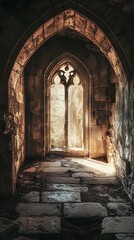Fototapeta premium Light streaming through gothic archway window in ancient building