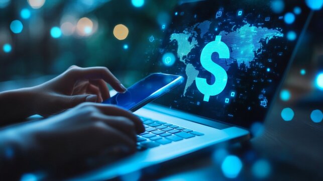 Laptop and phone with glowing dollar sign and map.