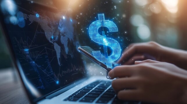 Hands on laptop and phone with abstract dollar sign and map.