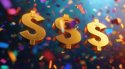 A vibrant payday concept with shimmering golden dollar signs and colorful confetti flying around, showcasing financial success in a festive 3D style.