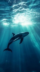 Obraz premium Orca whale swimming underwater with sunbeams shining through