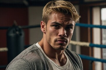 Obraz premium Young boxer with a prominent jaw poses in a training ring, showcasing focus and determination during a workout session.
