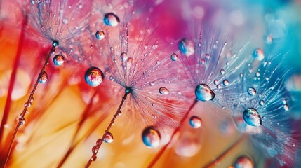 Water drops adorn dandelion seeds in vibrant abstraction