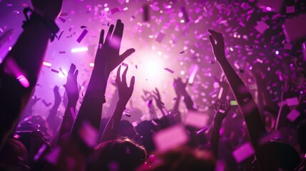 Close up photo of many party people dancing purple lights confetti flying everywhere nightclub event hands raised up wear shiny clothes