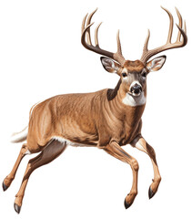 a white-tailed deer buck (Odocoileus virginianus) with antlers in motion, full body, side 3/4 view in a PNG, Nature-themed, isolated, and transparent photorealistic illustration. Generative ai