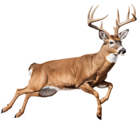 a white-tailed deer buck (Odocoileus virginianus) with antlers in motion, full body, side 3/4 view in a PNG, Nature-themed, isolated, and transparent photorealistic illustration. Generative ai