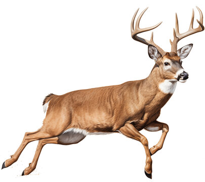 a white-tailed deer buck (Odocoileus virginianus) with antlers in motion, full body, side 3/4 view in a PNG, Nature-themed, isolated, and transparent photorealistic illustration. Generative ai