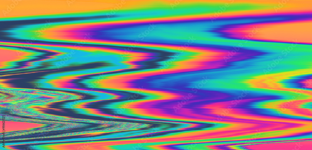 Poster Effect of a digital glitch or a distorted video signal, with sharp angles and jagged lines interspersed throughout the flowing color patterns. Abstract, highly saturated composition.
