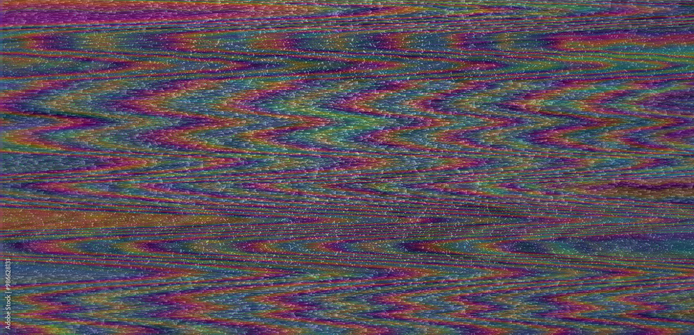 Poster Effect of a digital glitch or a distorted video signal, with sharp angles and jagged lines interspersed throughout the flowing color patterns. Abstract, highly saturated composition.